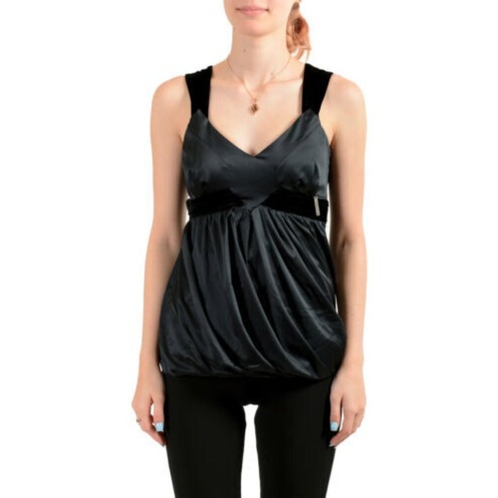 Galliano NWT Black Velvet Top Accents Bubble Hem Shirt Blouse 42